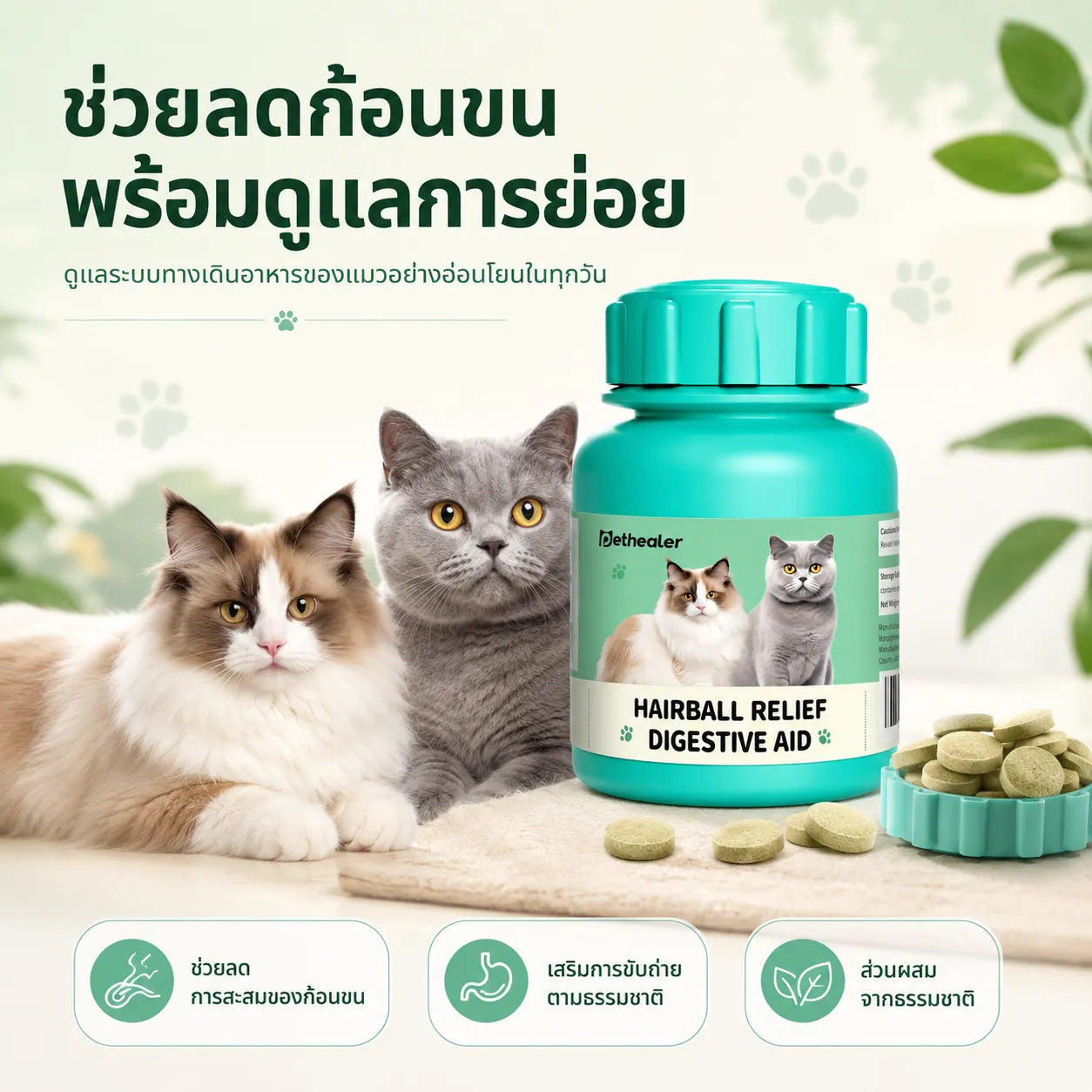 Pethealer ขนมเม็ดลดก้อนขน ช่วยการย่อย สูตรบำรุงลำไส้ 100g